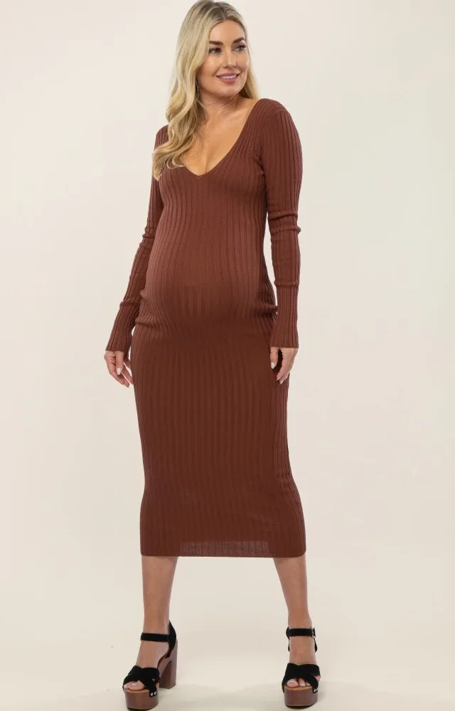 Mocha V-Neck Long Sleeve Fitted Maternity Maxi Dress