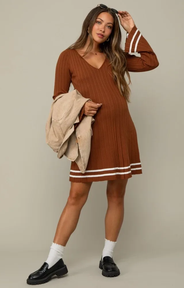 Mocha V-Neck Pleated Maternity Knit Dress