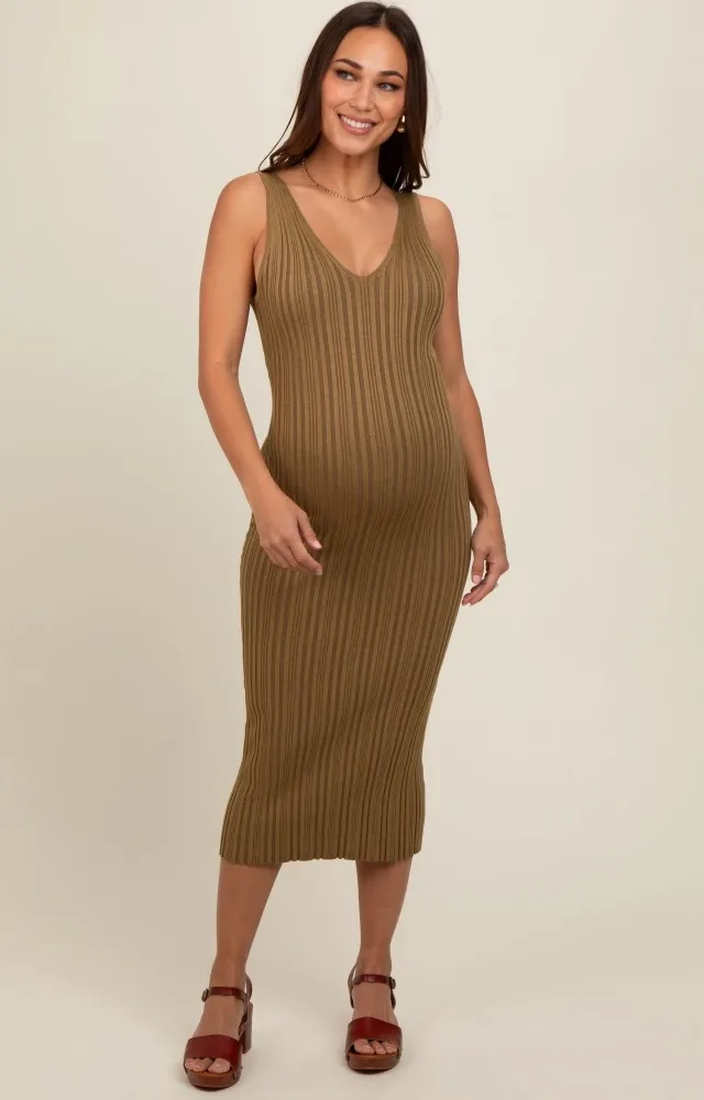 Mocha V Neck Sleeveless Knit Maternity Midi Dress