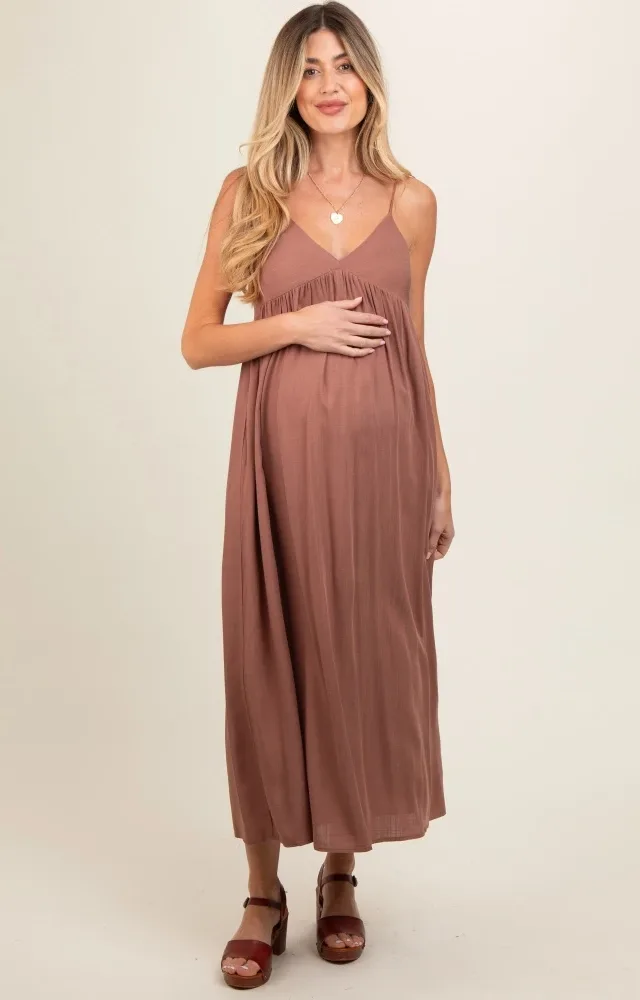 Mocha V-Neck Sleeveless Maternity Midi Dress