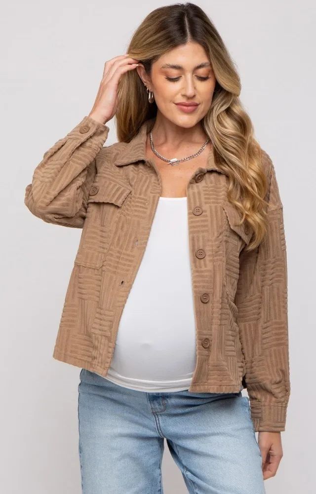 Mocha Velvet Textured Maternity Shirt Jacket