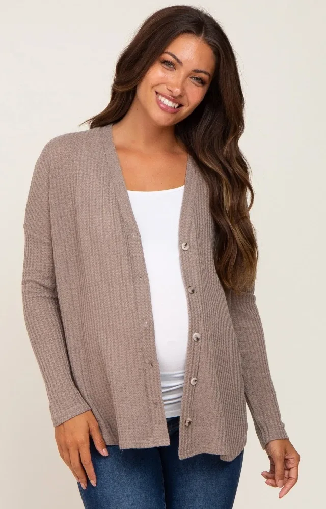 Mocha Waffle Knit Button Down Maternity Top