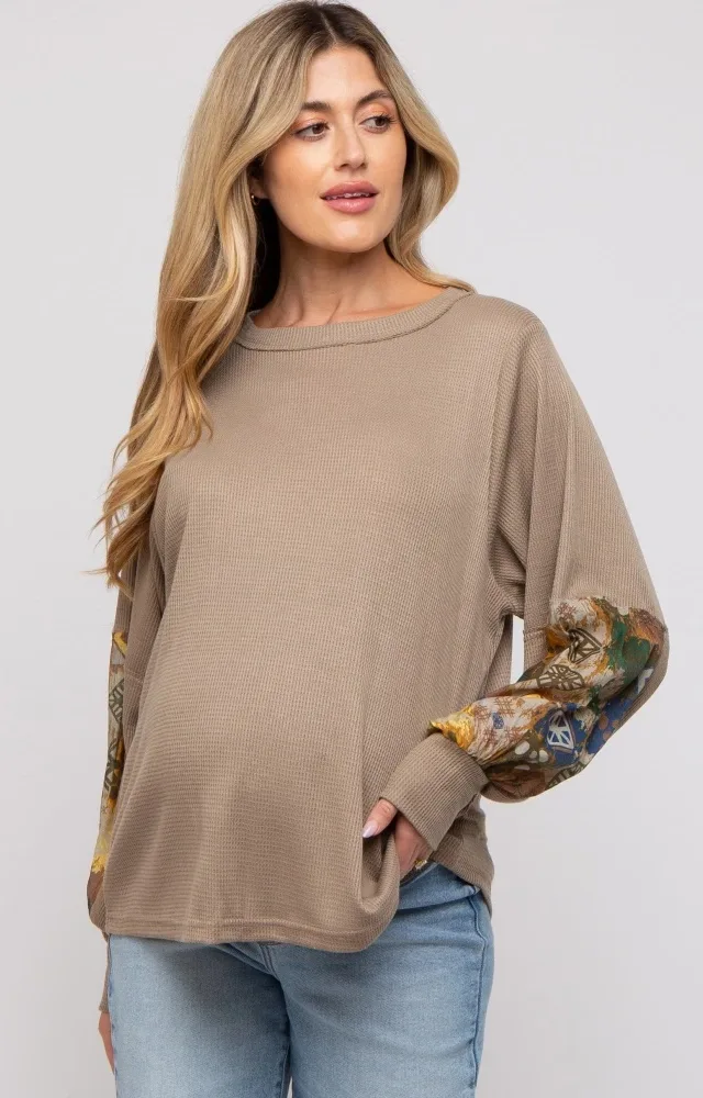 Mocha Waffle Knit Contrast Sleeve Maternity Top