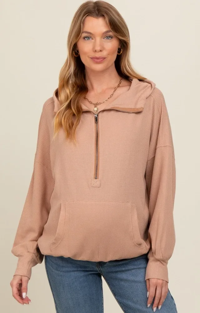 Mocha Waffle Knit Half Zip Relaxed Fit Maternity Hoodie