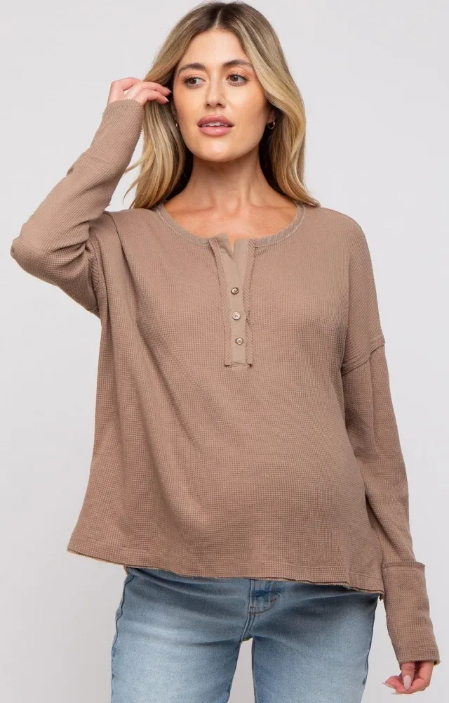 Mocha Waffle Knit Maternity Henley Top