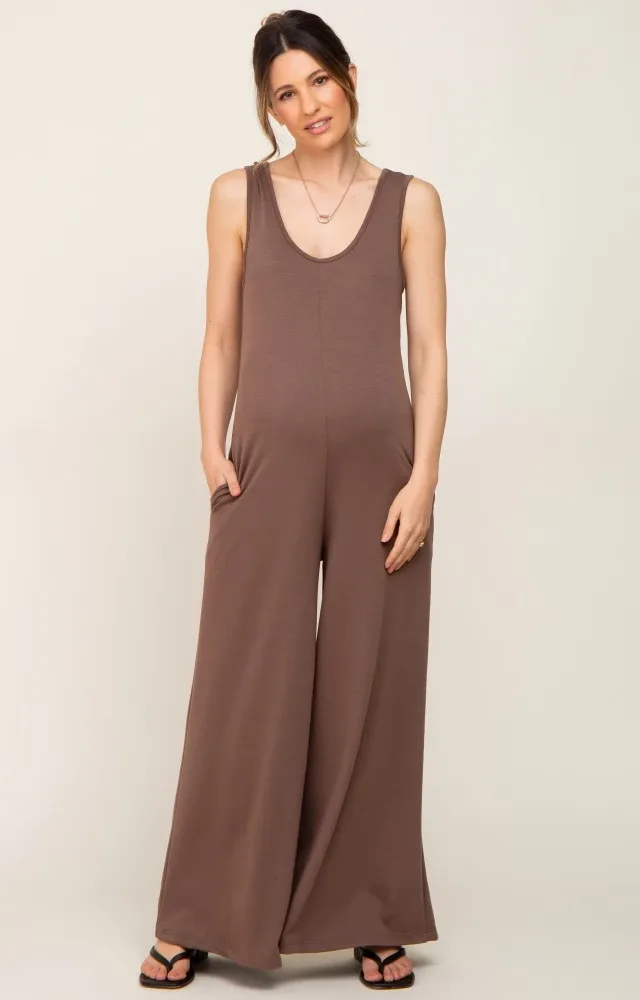 Mocha Wide Leg Sleeveless Maternity Jumpsuit