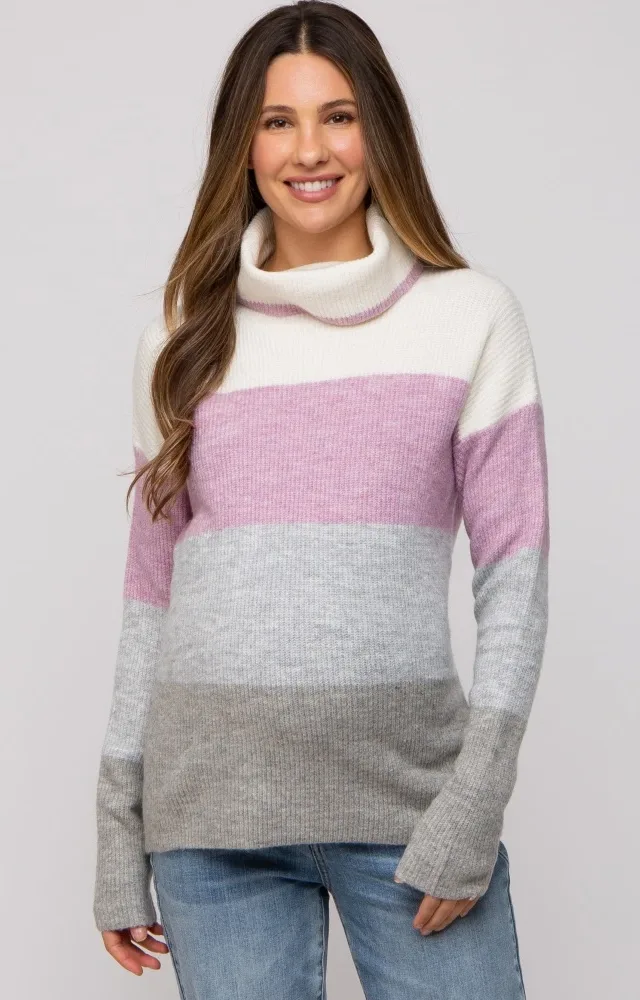 Multi-Color Color Block Turtleneck Maternity Sweater