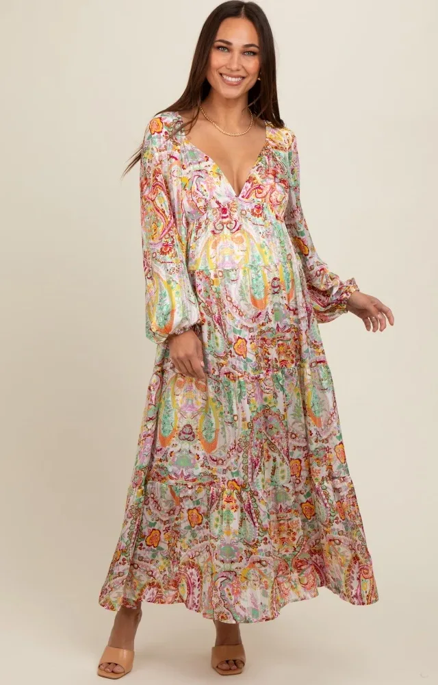 Multi-Color Floral Metallic Striped Tiered Long Puff Sleeve Maternity Maxi Dress