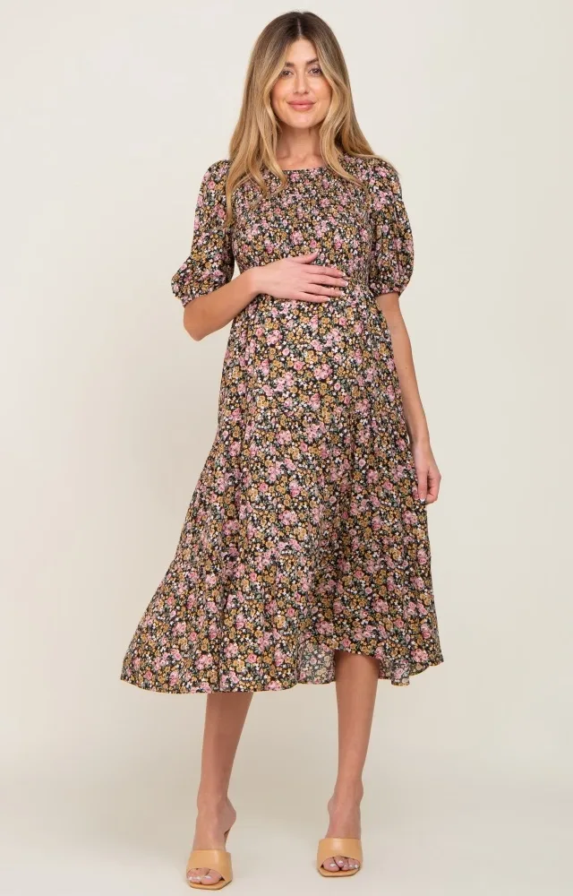 Multi-Color Floral Smocked Tiered Maternity Midi Dress