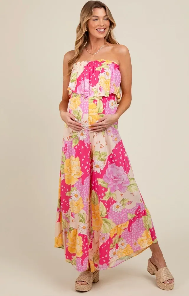 Multi-Color Floral Strapless Ruffle Wide Leg Maternity Jumpsuit