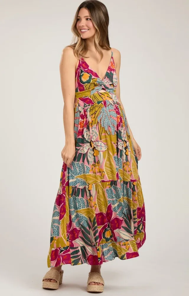 Multi-Color Floral V-Neck Front Knot Tiered Maternity Maxi Dress