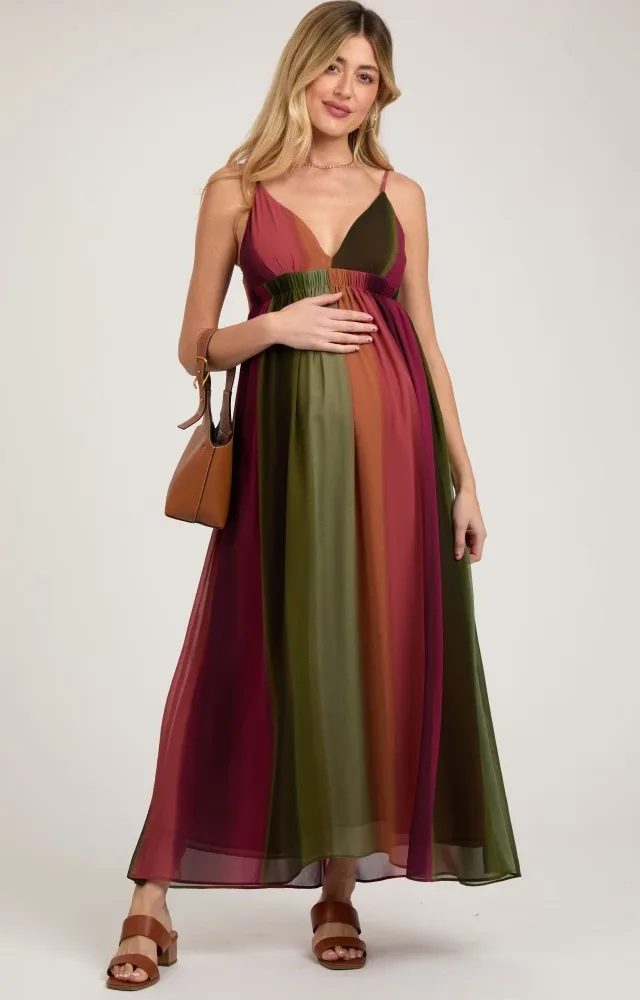 Multi-Color Ombre Chiffon V-Neck Maternity Maxi Dress