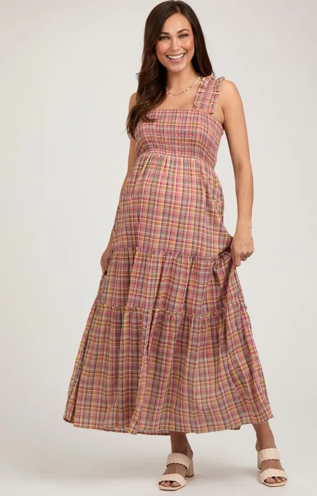 Multi-Color Plaid Sleeveless Ruffle Maternity Maxi Dress