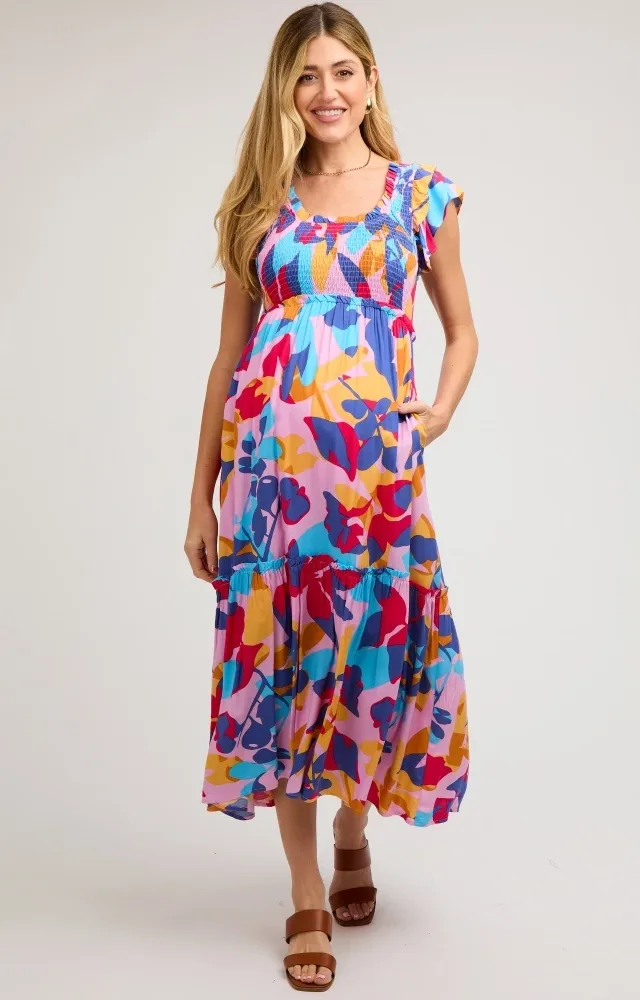 Multi-Color Smocked Ruffle Maternity Midi Dress