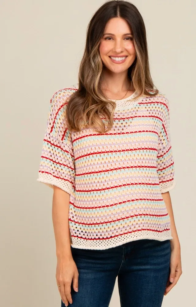 Multi Color Stripe Crochet Sweater Knit Maternity Top