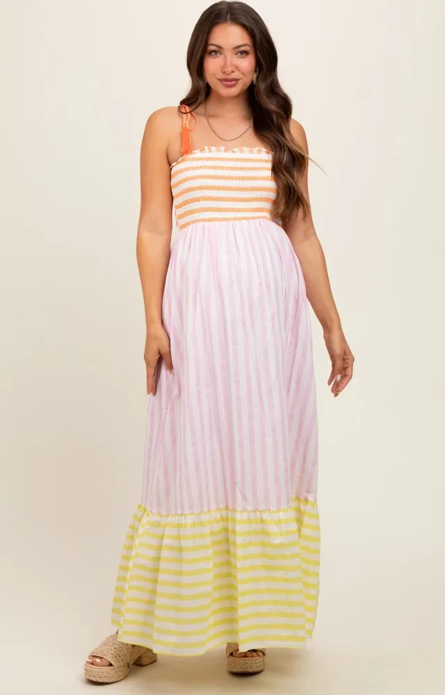 Multi-Color Striped Color Block Shoulder Tie Maternity Maxi Dress