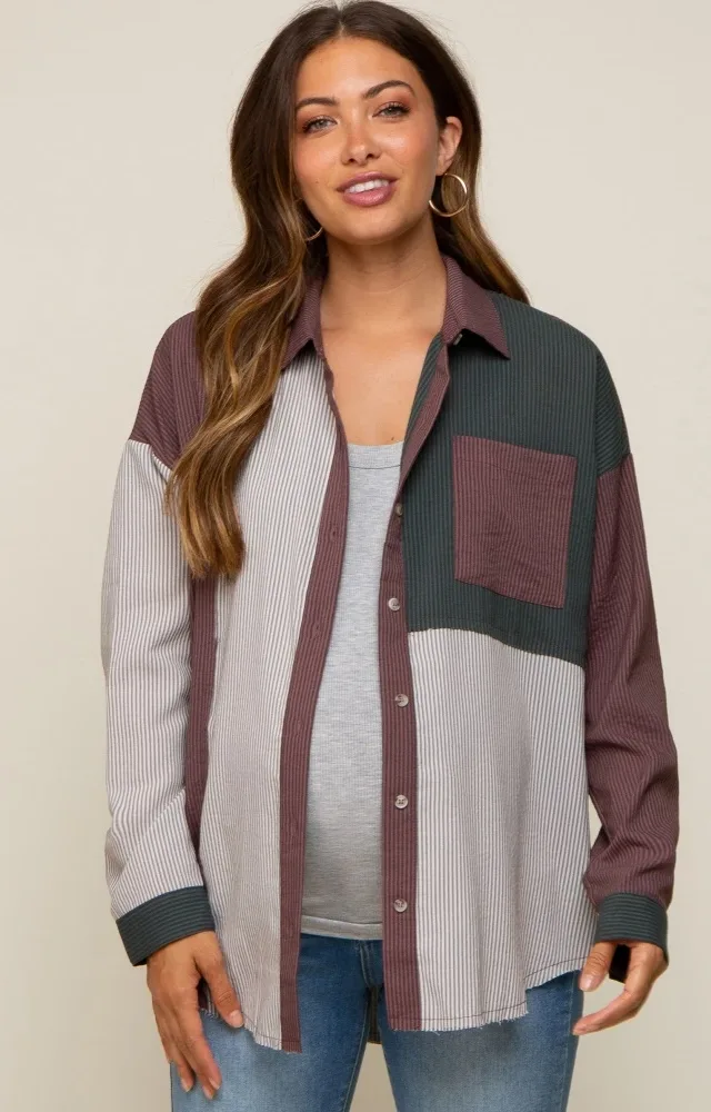 Multi-Color Striped Color Blocked Button-Down Maternity Top