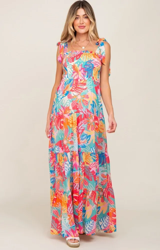 Multi Color Tropical Print Maternity Maxi Dress