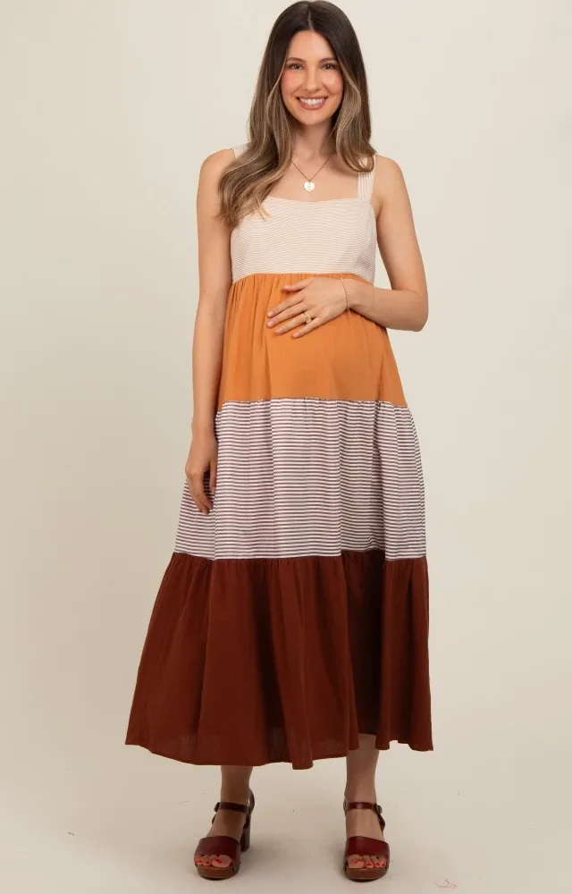 Multi Striped Color Block Back Bow Maternity Midi Dress