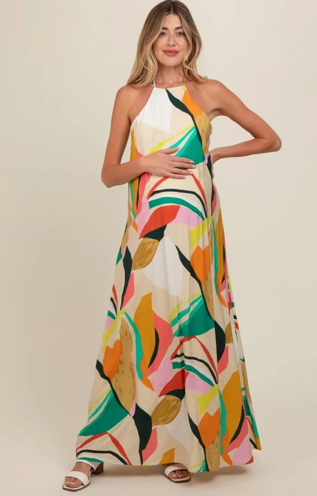 Multicolor Abstract Print Halter Maternity Maxi Dress