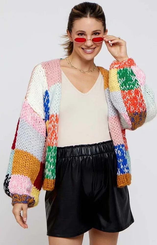 Multicolor Color Block Checkered Thick Knit Maternity Cardigan