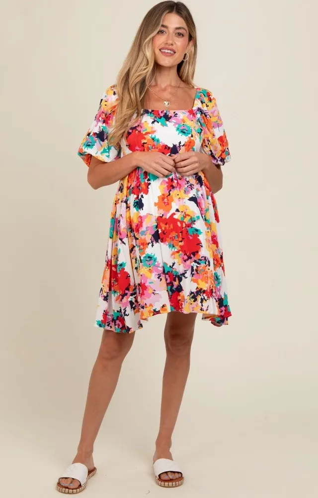 Multicolor Floral Puff Sleeve Matetnity Dress