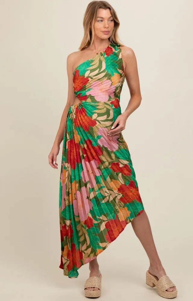 Multicolor Floral Satin Pleated One Shoulder Maternity Maxi Dress