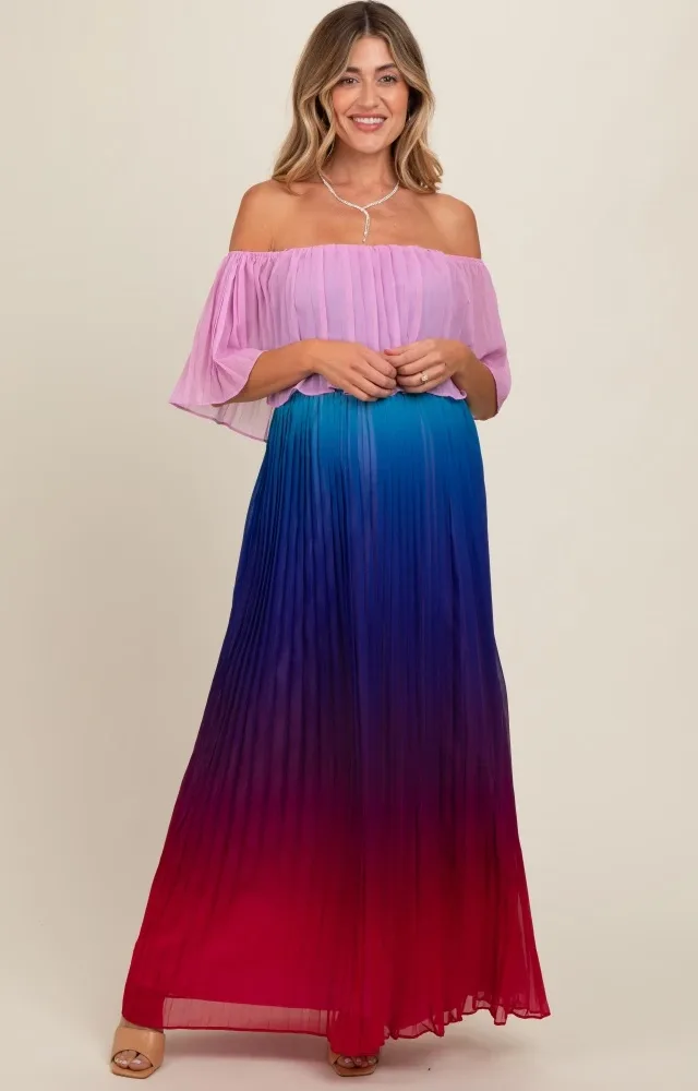 Multicolor Off Shoulder Pleated Maternity Maxi Dress