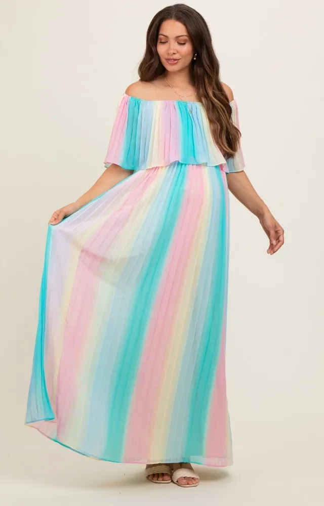 Multicolor Pleated Off Shoulder Maternity Maxi Dress