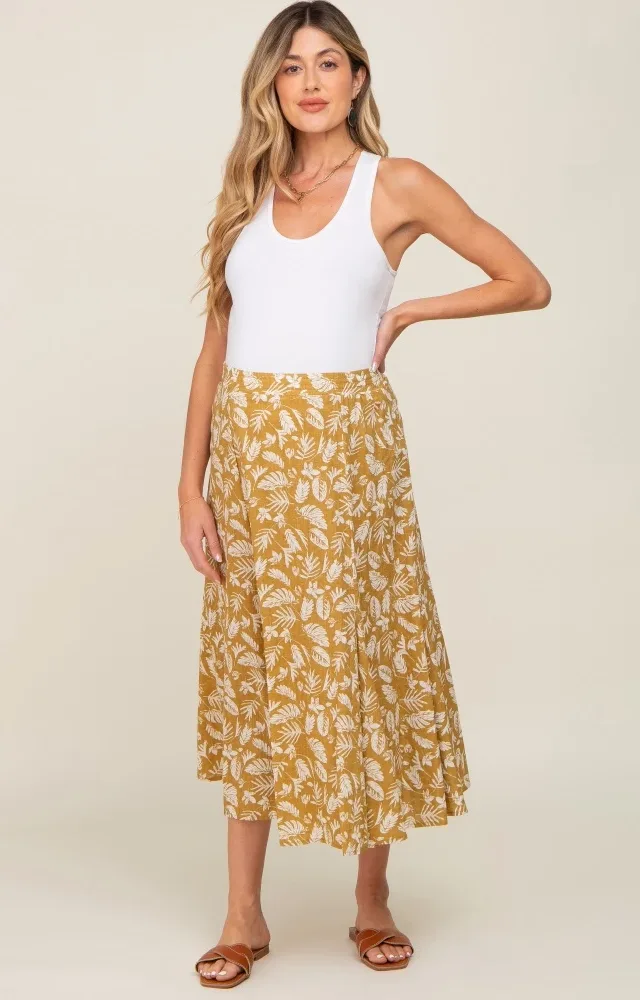 Mustard Floral Pleated Maternity Midi Skirt