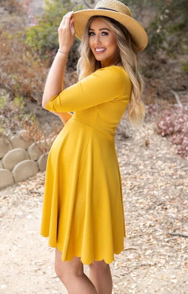 Mustard Scalloped Hem Maternity Dress