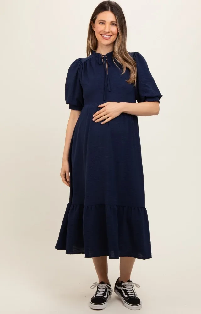 Navy Balloon Sleeve Split Neck Maternity Midi Dress