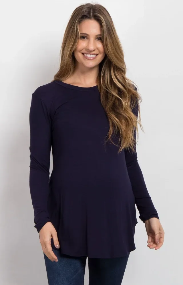 Navy Basic Long Sleeve Maternity Top