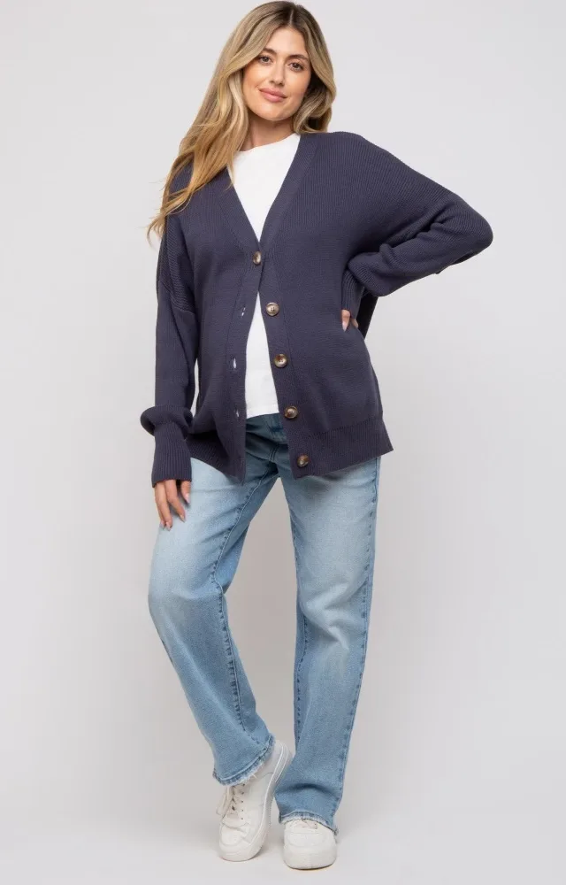 Navy Basic Ribbed Maternity Cardigan Sweater