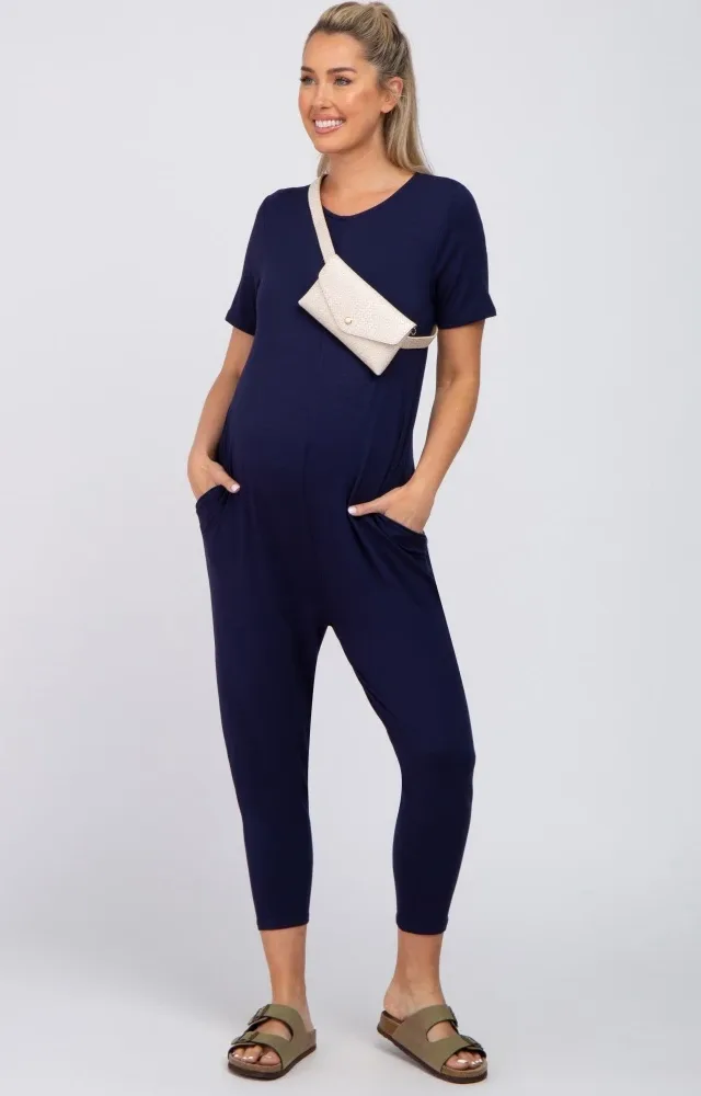 Navy Basic Short Sleeve Maternity Jumpsuit