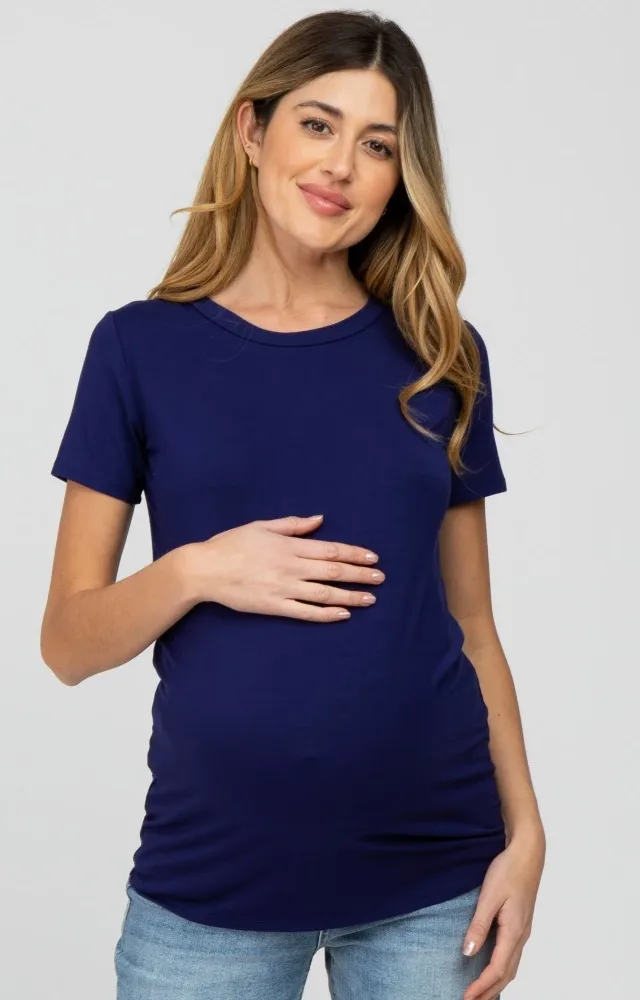 Navy Basic Short Sleeve Maternity Top