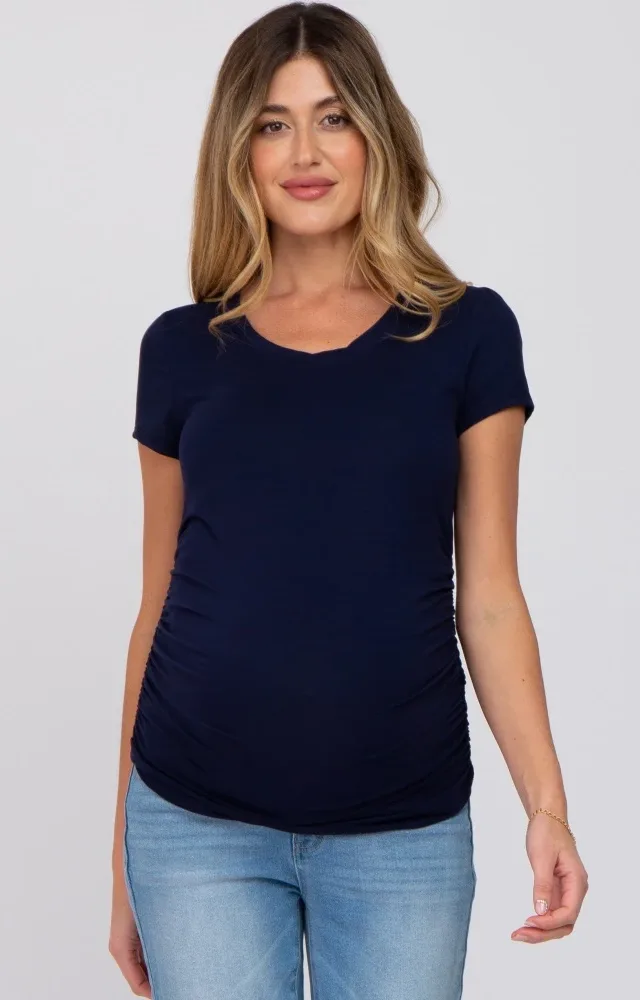 Navy Blue Basic Short Sleeve Maternity Fitted Top