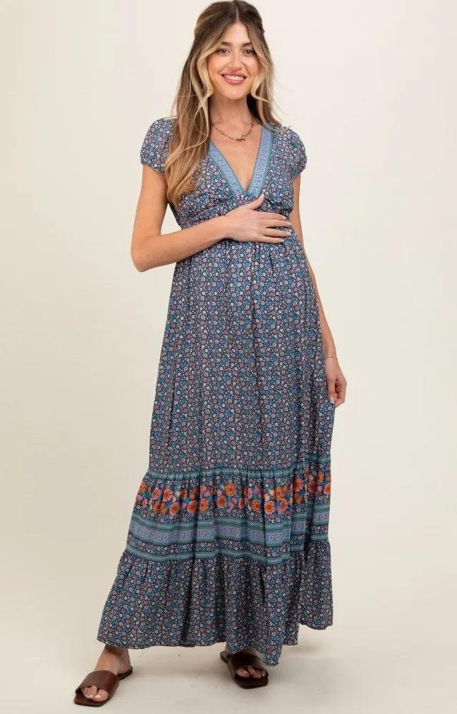 Navy Blue Border Print Ruffle Maternity Maxi Dress