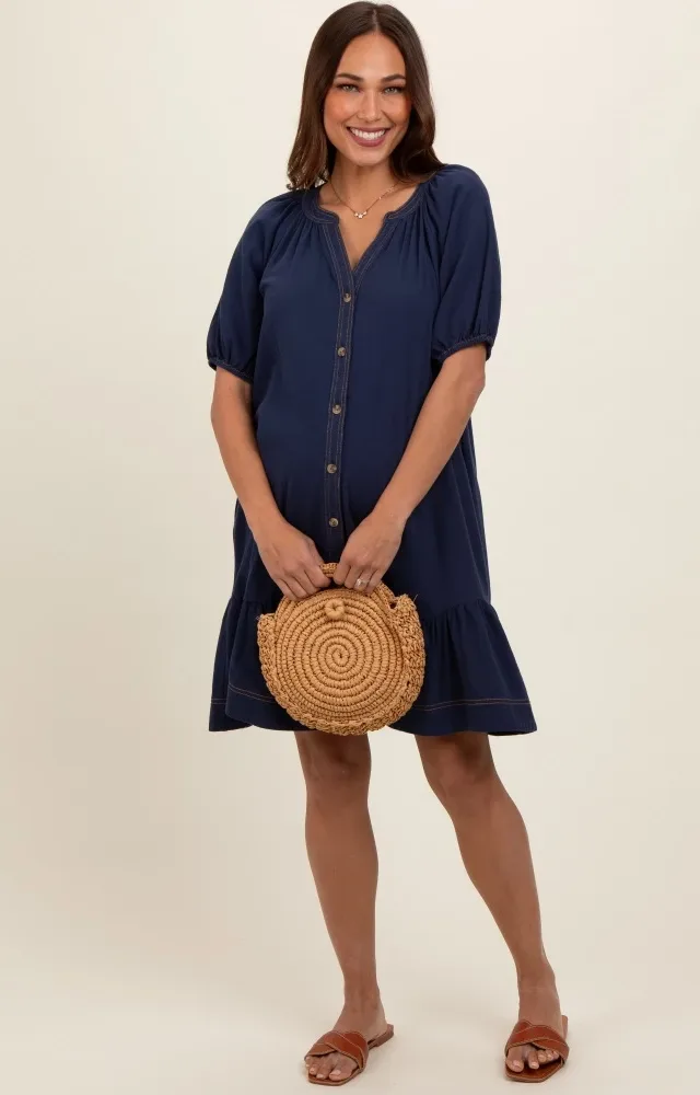 Navy Blue Button Front Short Puff Sleeve Maternity Dress