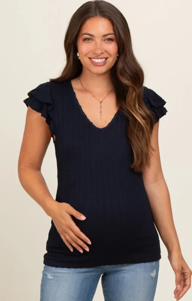 Navy Blue Cable Knit Layered Ruffle Sleeve Maternity Top