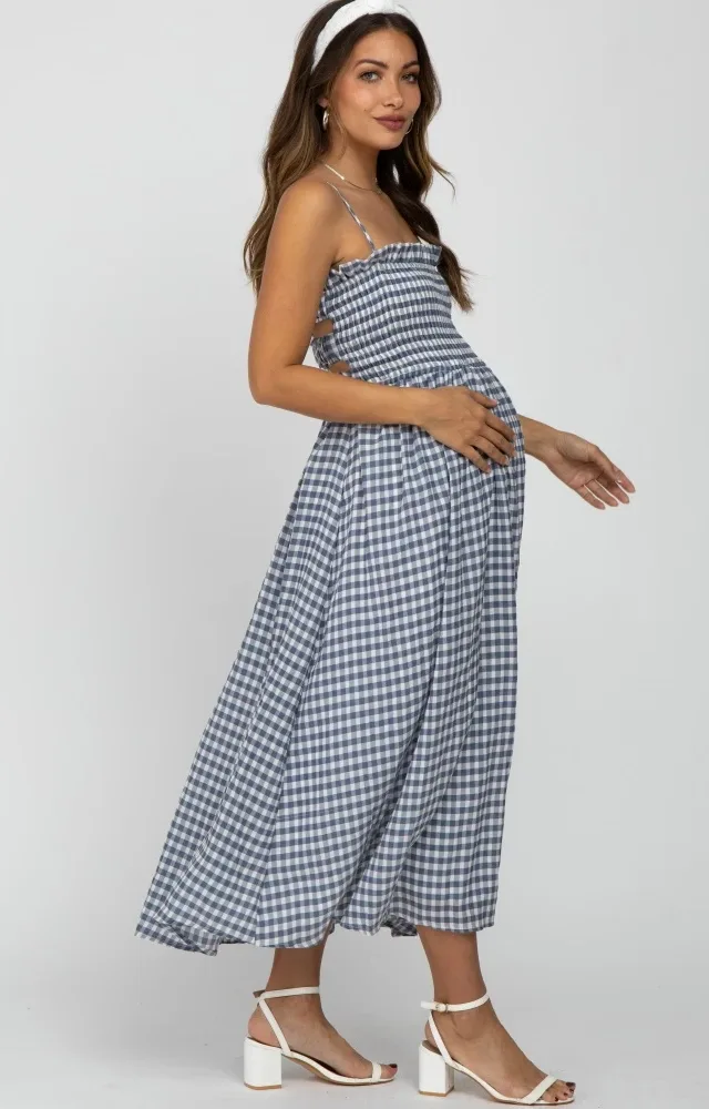 Navy Blue Checkered Square Neck Smocked Maternity Midi Dress