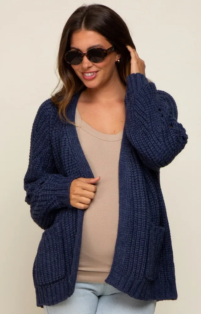 Navy Blue Chunky Knit Maternity Cardigan