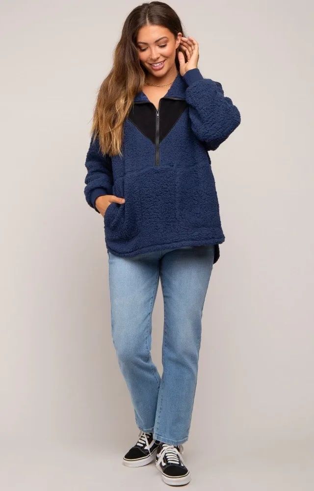 Navy Blue Colorblock Half Zip Fleece Maternity Pullover