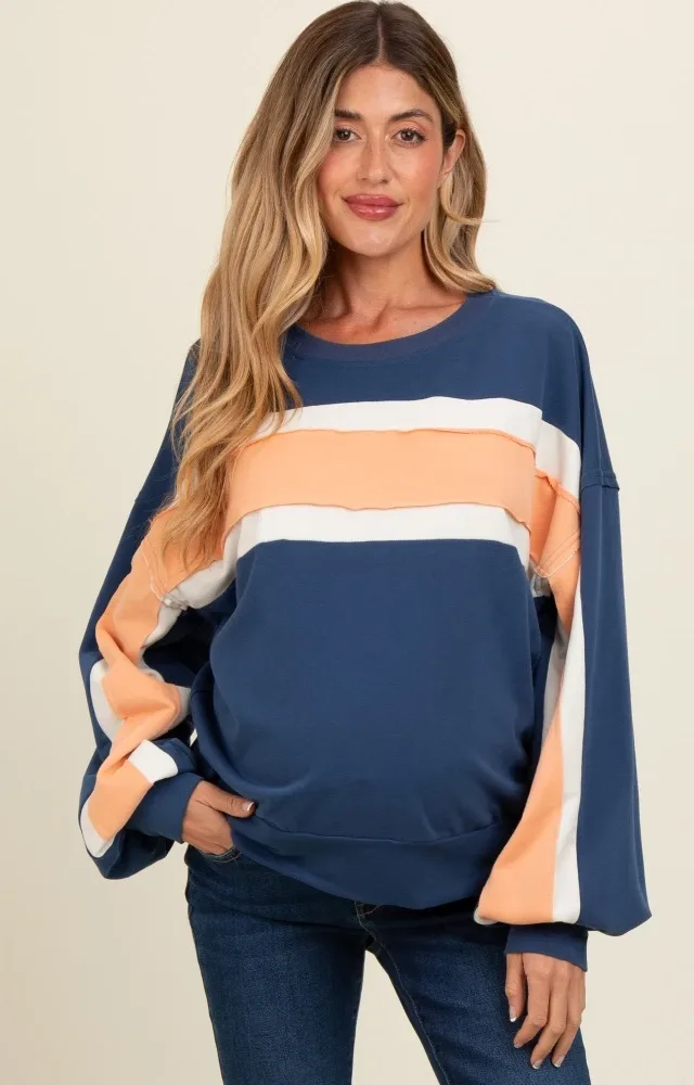 Navy Blue Colorblock Maternity Pullover Top