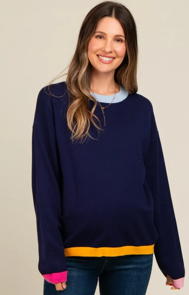 Navy Blue Colorblock Trim Maternity Sweater