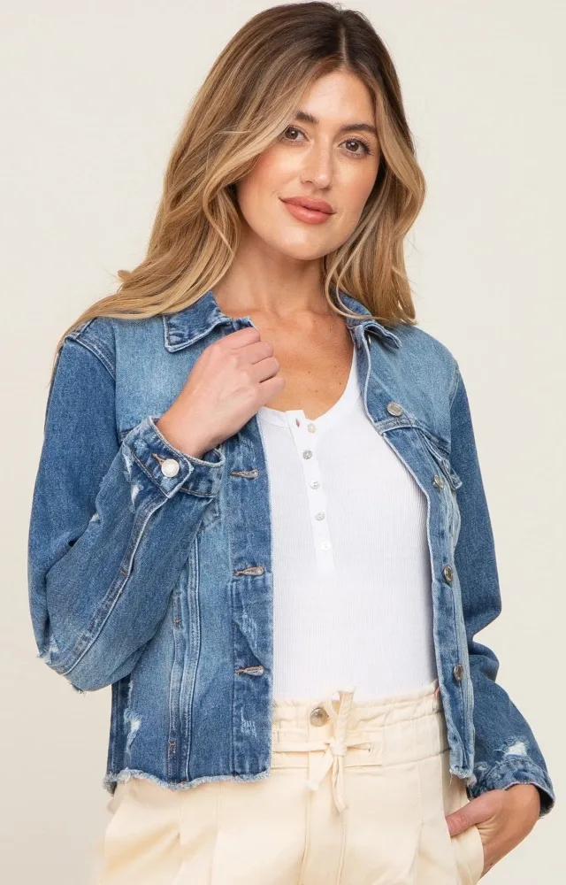 Navy Blue Distressed Cropped Maternity Denim Jacket