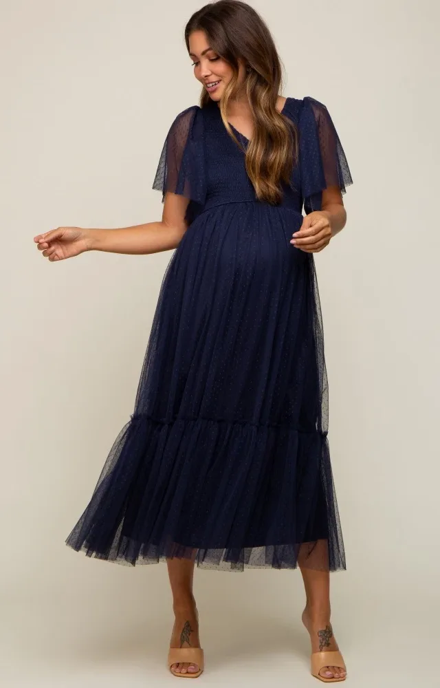 Navy Blue Dotted Tulle Smocked Maternity Midi Dress