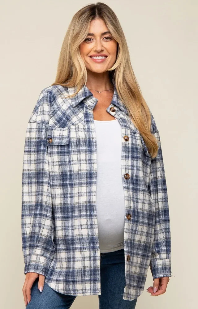 Navy Blue Flannel Plaid Button Up Maternity Shacket