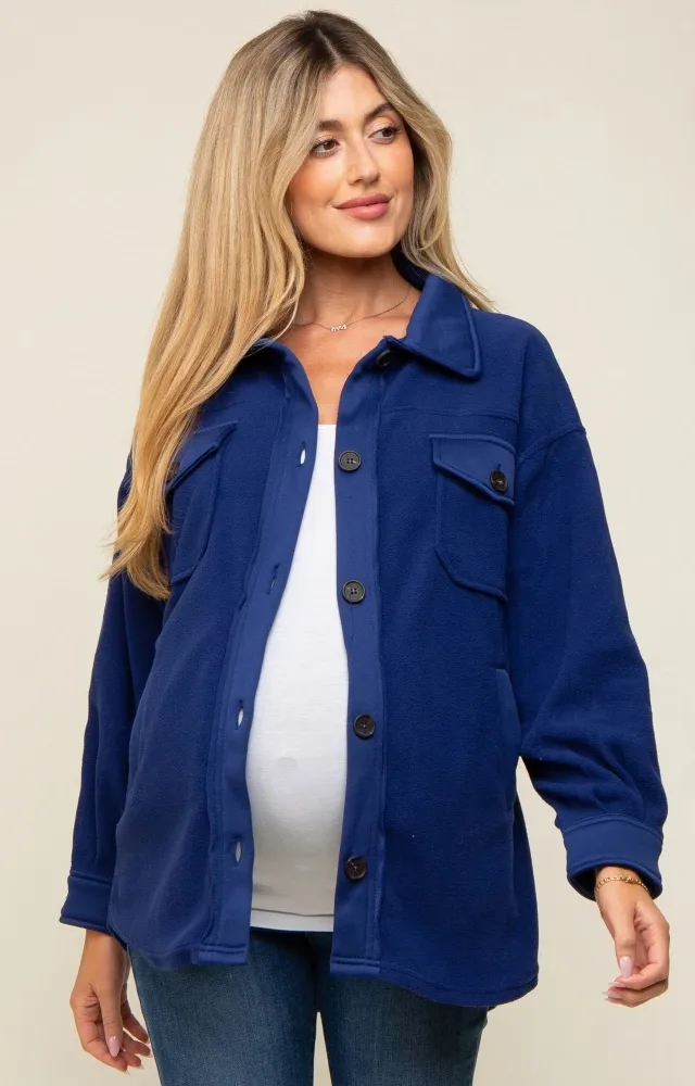 Navy Blue Fleece Double Front Pocket Maternity Jacket