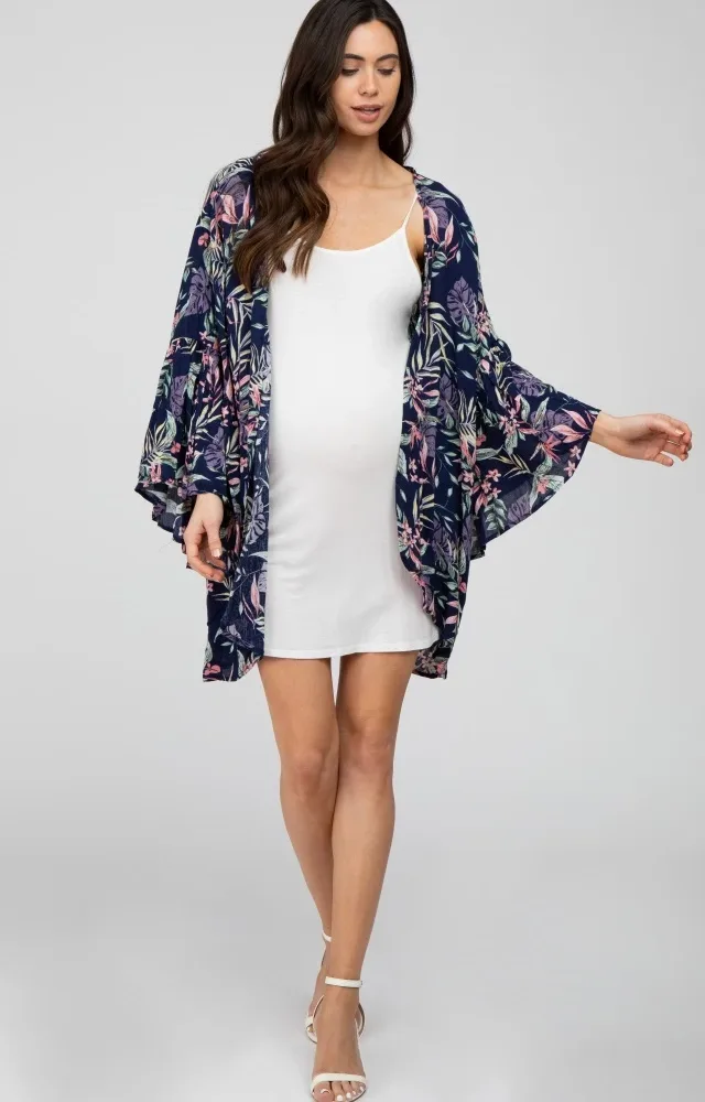 Navy Blue Floral Bell Sleeve Maternity Cover Up